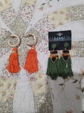 Green Beaded Fringe Earrings & Orange Tassel Hoop Earrings Set